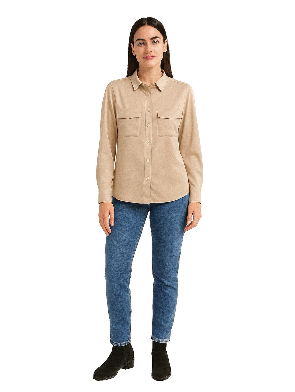 Premise Beige Blouse Machine Wash Pockets Button Front Classic NWT Sz M
